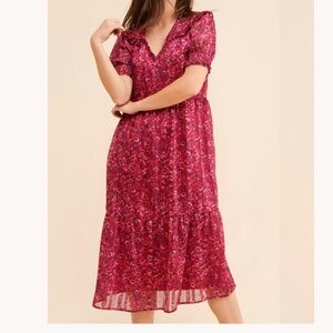 Du Paradise Midi Dress Ruffles Women's L Pink Floral Loose Fit Sheer Lined Boho